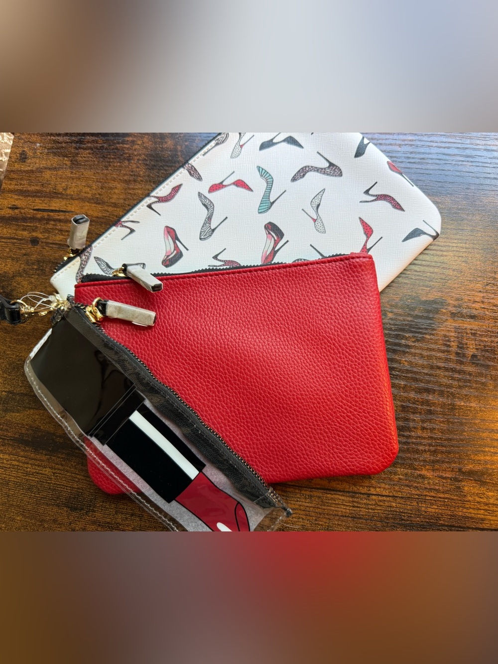 Classic Red Leather Zip Pouch Clutch - Women Bags